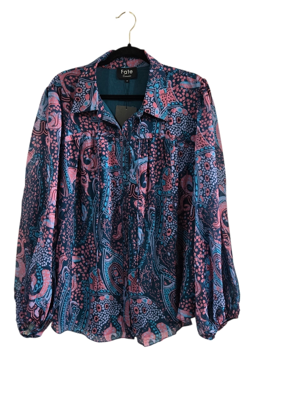 Fate Paisley Button Up Blouse Lined Long Sleeve 1X XL New